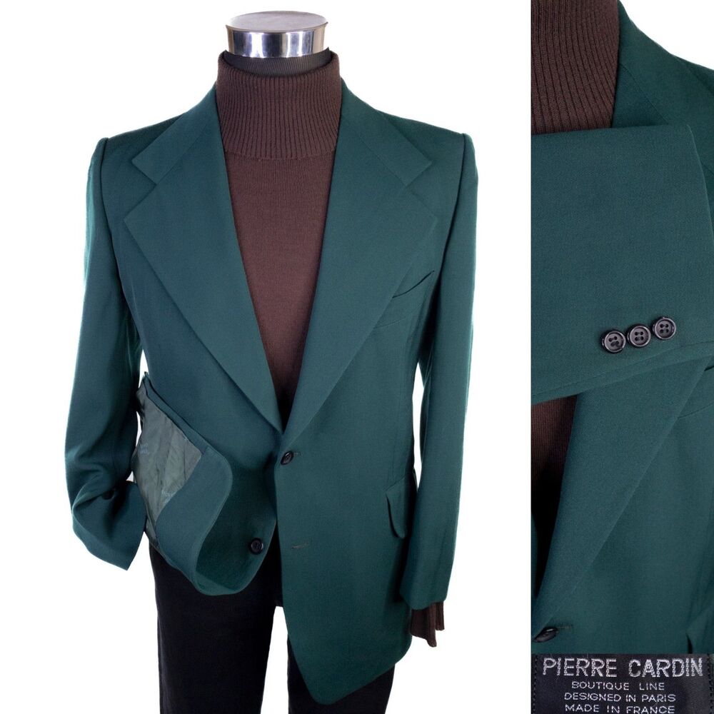 VTG Pierre Cardin Blazer Sport Coat Sz 40R Green Teal Wide Lapel France Made